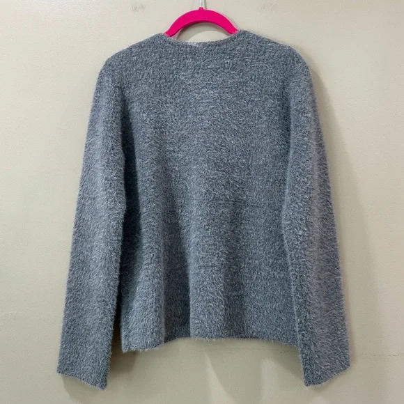 NWT Tahari Gray Fuzzy Knit Cardigan Sweater Gold Buttons Crew Neck Womens Small - Picture 2 of 5